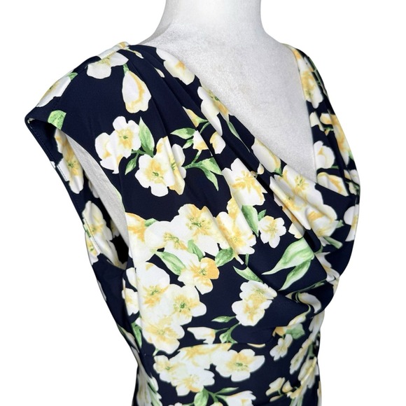 Lauren Ralph Lauren Womens 14 Navy Yellow Floral Cowl-Neck Jersey Dress Ruched - Picture 5 of 10